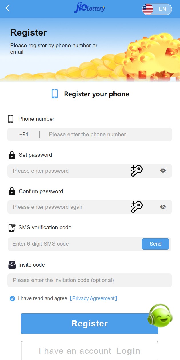 Jio Lottery Register page with phone number password SMS verification and invitation code