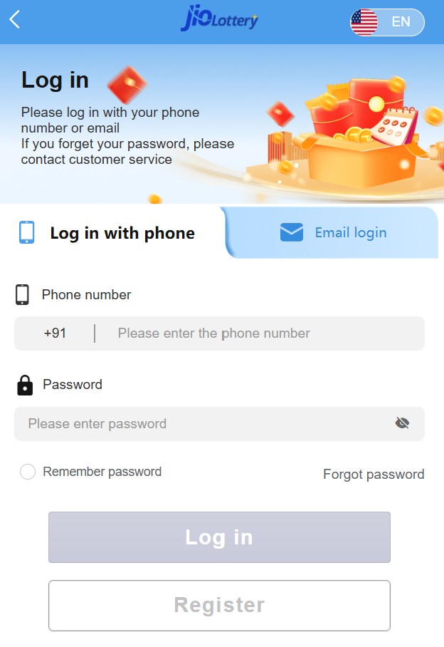 Jio Lottery Login page with phone number and email login options